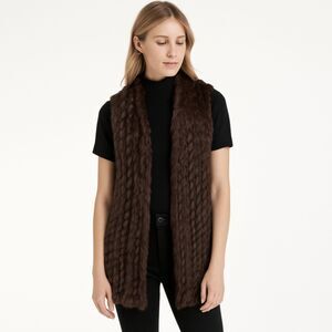 Linda Richards Rabbit Fur Vest Size S Brown Wool Blend Open Front Luxury